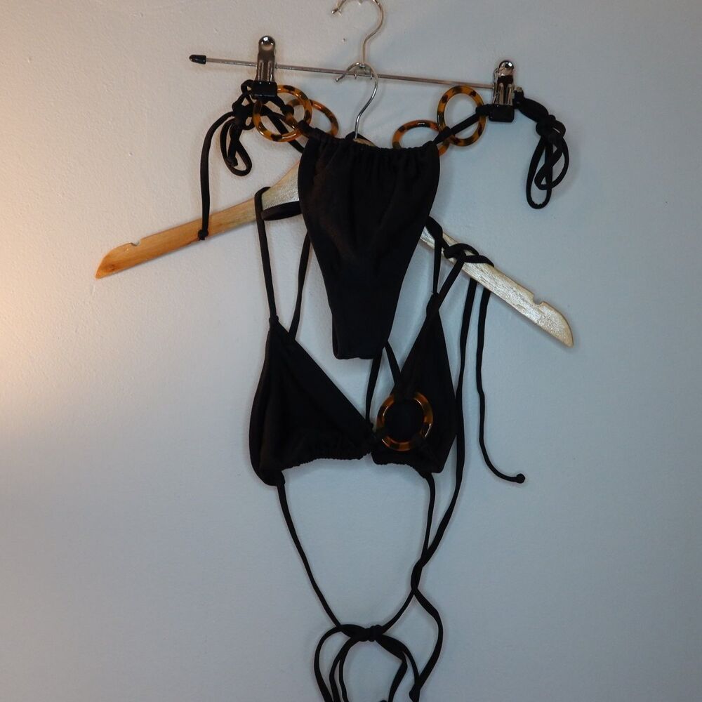 Kiki The Brand Bikini Set Womens L Black Tortoise Ring Triangle Swimsuit y2k 90s
